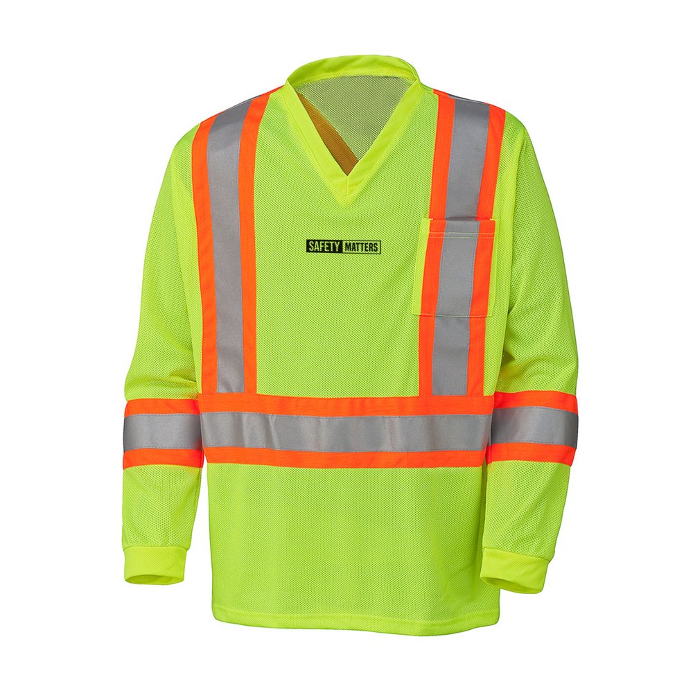 Long Sleeve Hi Vis V-Neck Yellow Mesh Traffic T-Shirt