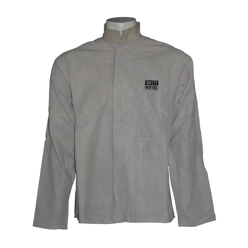 Kevlar Stitched Hidden Button Grey Leather Welding Jacket