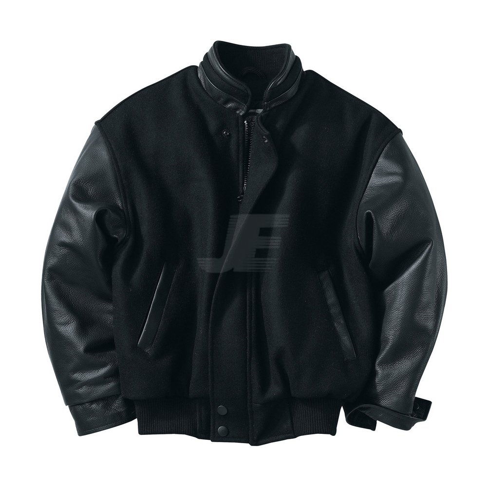 Mens Leather Sleeves Zip Closure College Wool Varsity Jacket