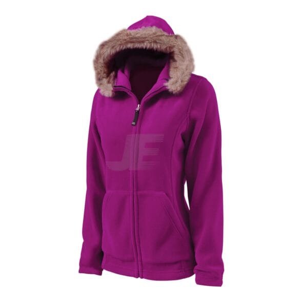 Women Purple Zip Up Polar Fleece Hoodie with Fur