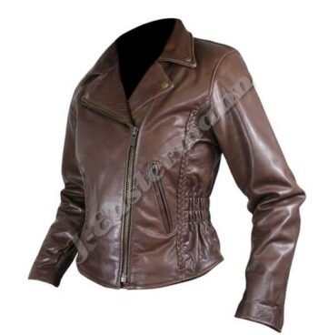 Ladies Braided Classic Brown Top Grade Leather Motorcycle Jacket JEI-7232