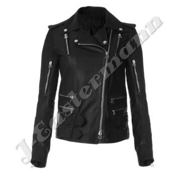 Ladies Zippered Classic Leather Motorcycle Jacket JEI-7243