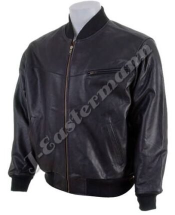Mens Black Leather Bomber Jacket JEI 7310
