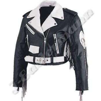 Ladies Crop Two Tone Leather Motorcycle Jacket JEI-7381
