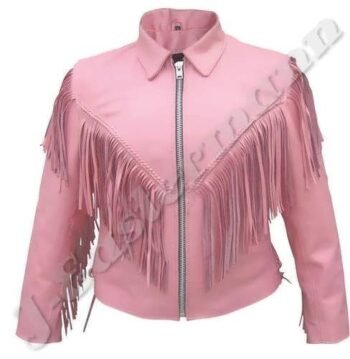 Ladies Pink Leather Fringes Jacket JEI 7384