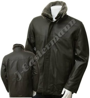 Mens Long Leather Coat with Fur on Collar JEI 9202