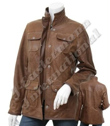 Ladies Antique Leather Long Jacket with Zipper Closure JEI 9121