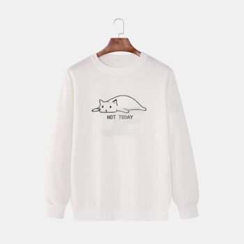 Cat Printed White Cotton Fleece Sweatshirt