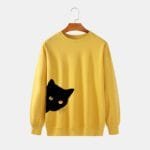 Cat Printed Solid Color Cotton Fleece Sweatshirt