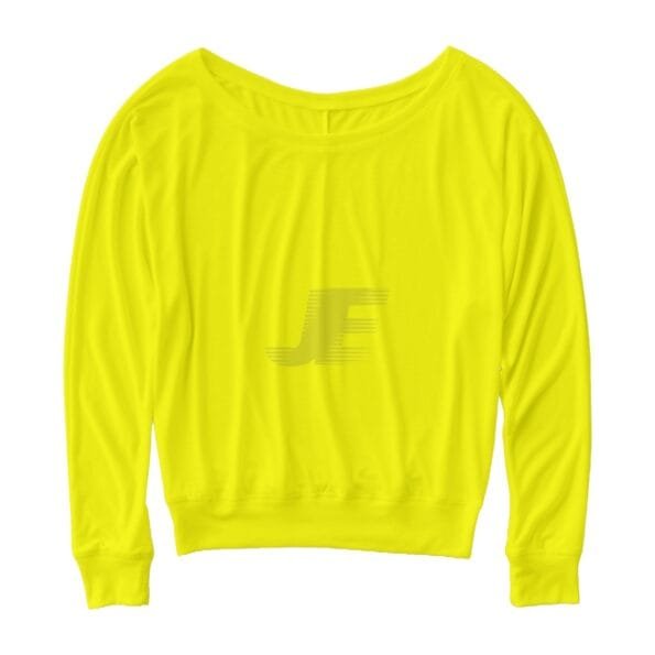 Women Wide Neck Yellow Fluorescent Cotton Fleece Sweatshirt