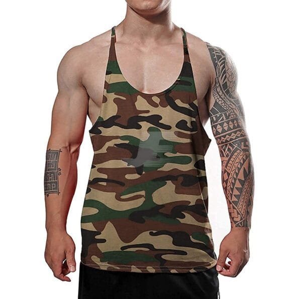 Men's Gym Wear Cotton Green Camouflage Stringer Tank Top