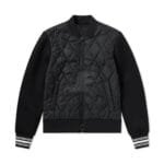 Front Zip Black Quilted Varsity Jacket with Fleece Sleeves