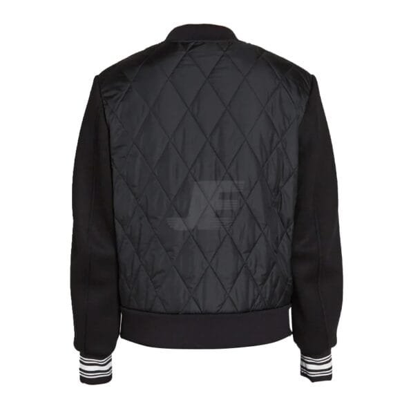 Front Zip Black Quilted Varsity Jacket with Fleece Sleeves