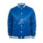 Front Button Shiny Fabric Royal Blue Satin Varsity Jacket