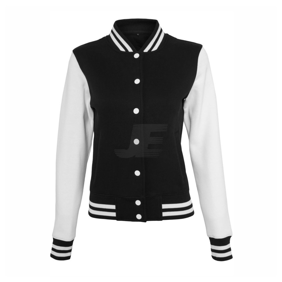 Black & White Women College Varsity Jacket With Leather Sleeves