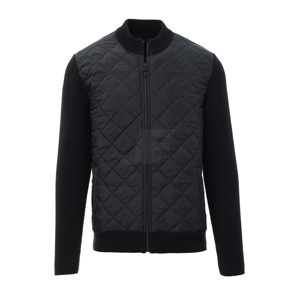 Front Zip Black Quilted Varsity Jacket with Wool Back & Sleeves