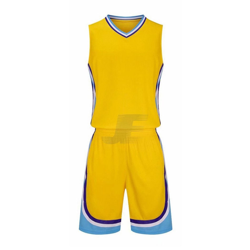 Customized Striped Yellow Birdseye Mesh Basketball Uniform Kit