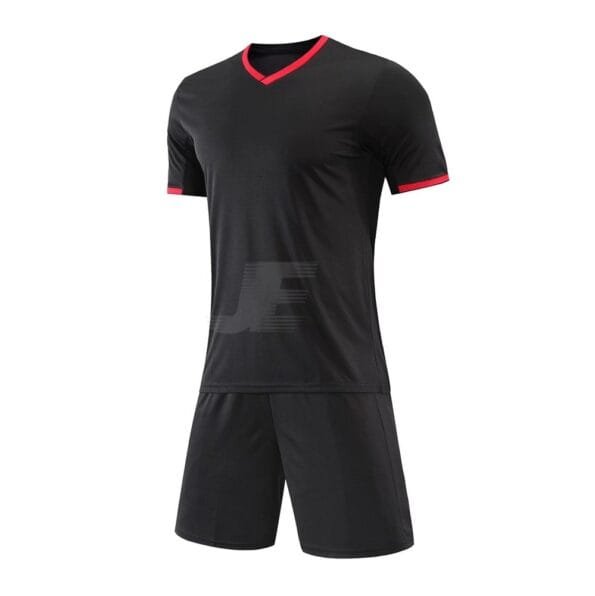 Solid Black Color Contrast Collar V-Neck Interlock Soccer Uniform