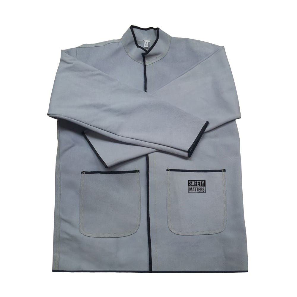 Contrast Trim Grey Leather Welding Jacket With Front Pockets